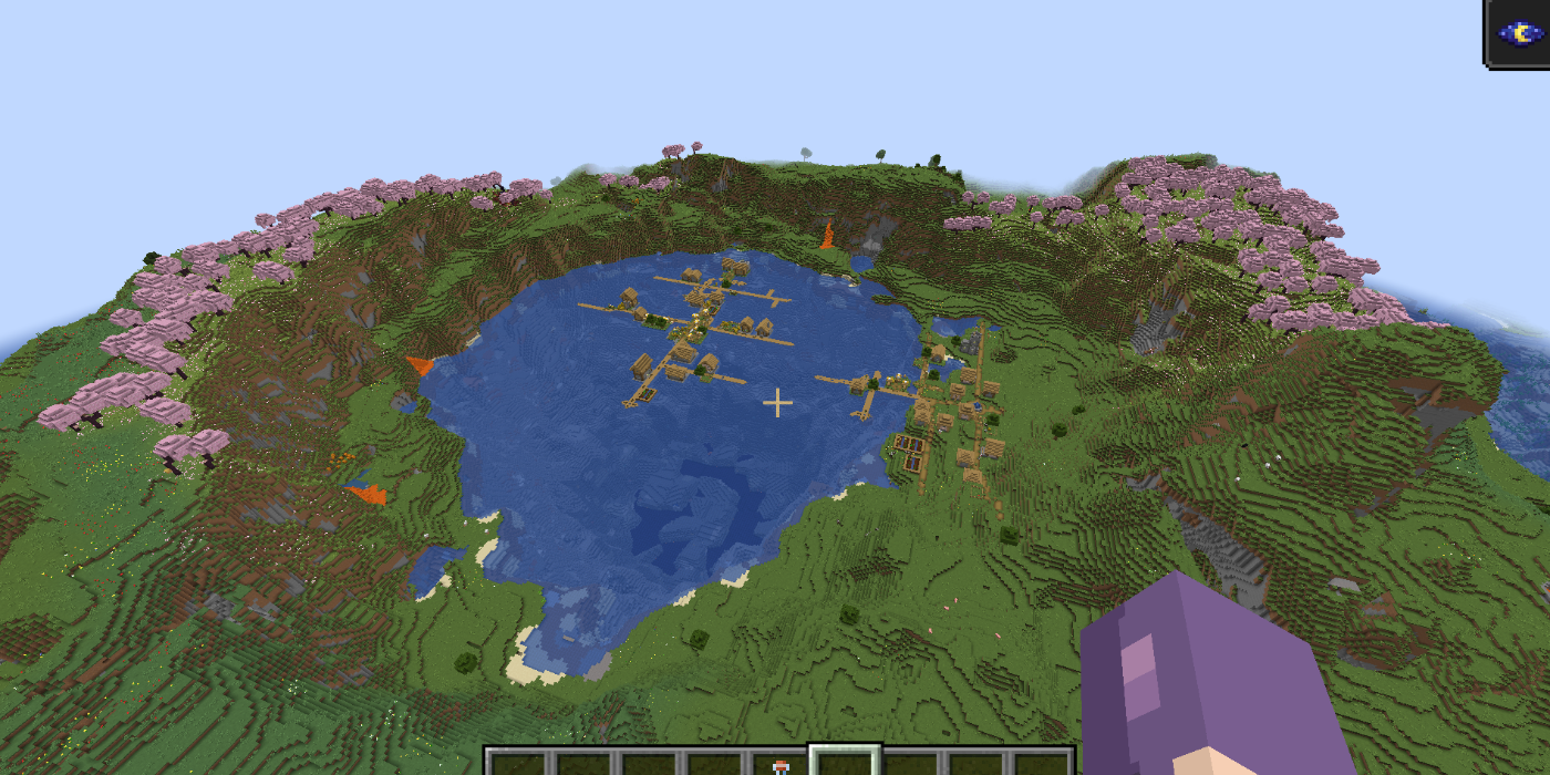 Duas aldeias em uma lagoa cercada pelos biomas planícies, prados e cerejeiras no Minecraft.