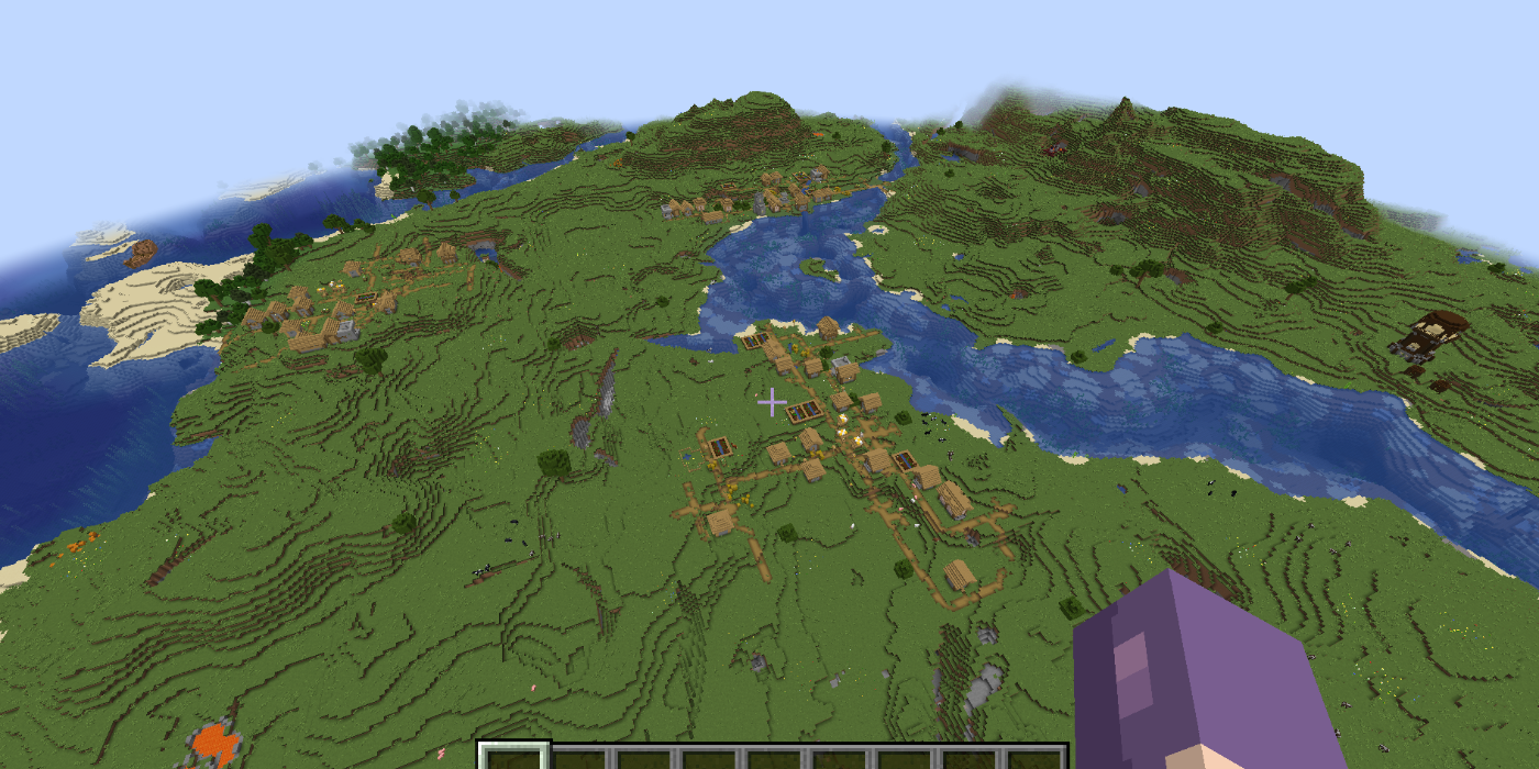 Três vilas nas planícies, cercadas por naufrágios, posto avançado de saqueadores e portal em ruínas no Minecraft.