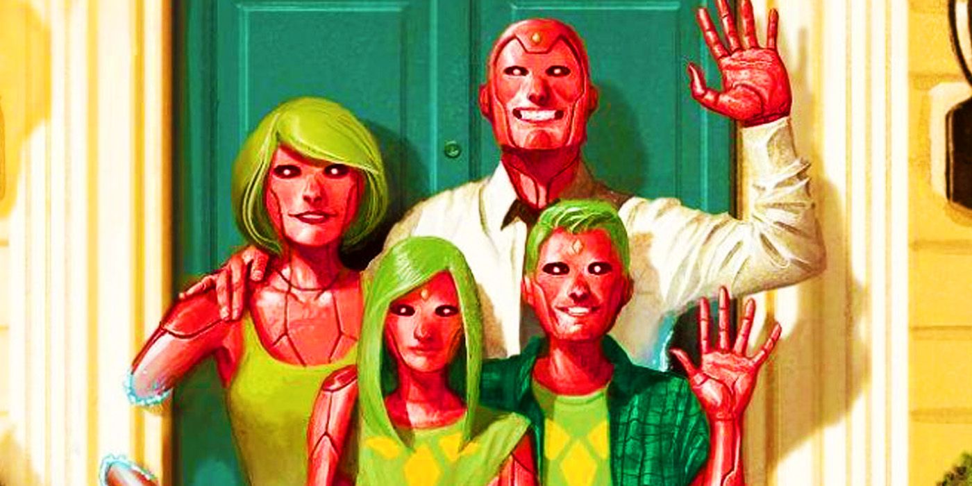 Vision and his family waving in Marvel Comics