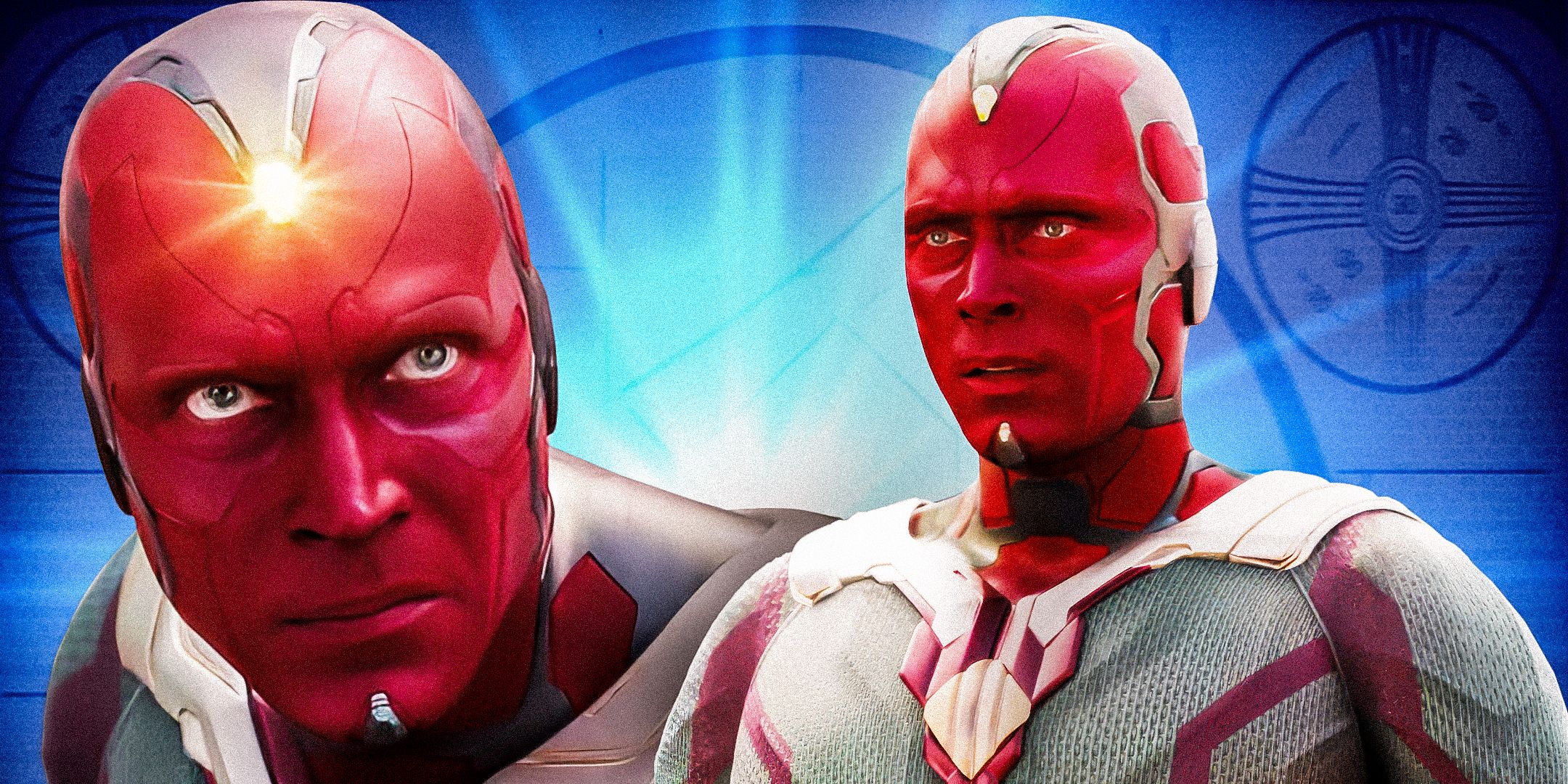 A split image of Vision in different movies of the MCU in front of an abstract blue background