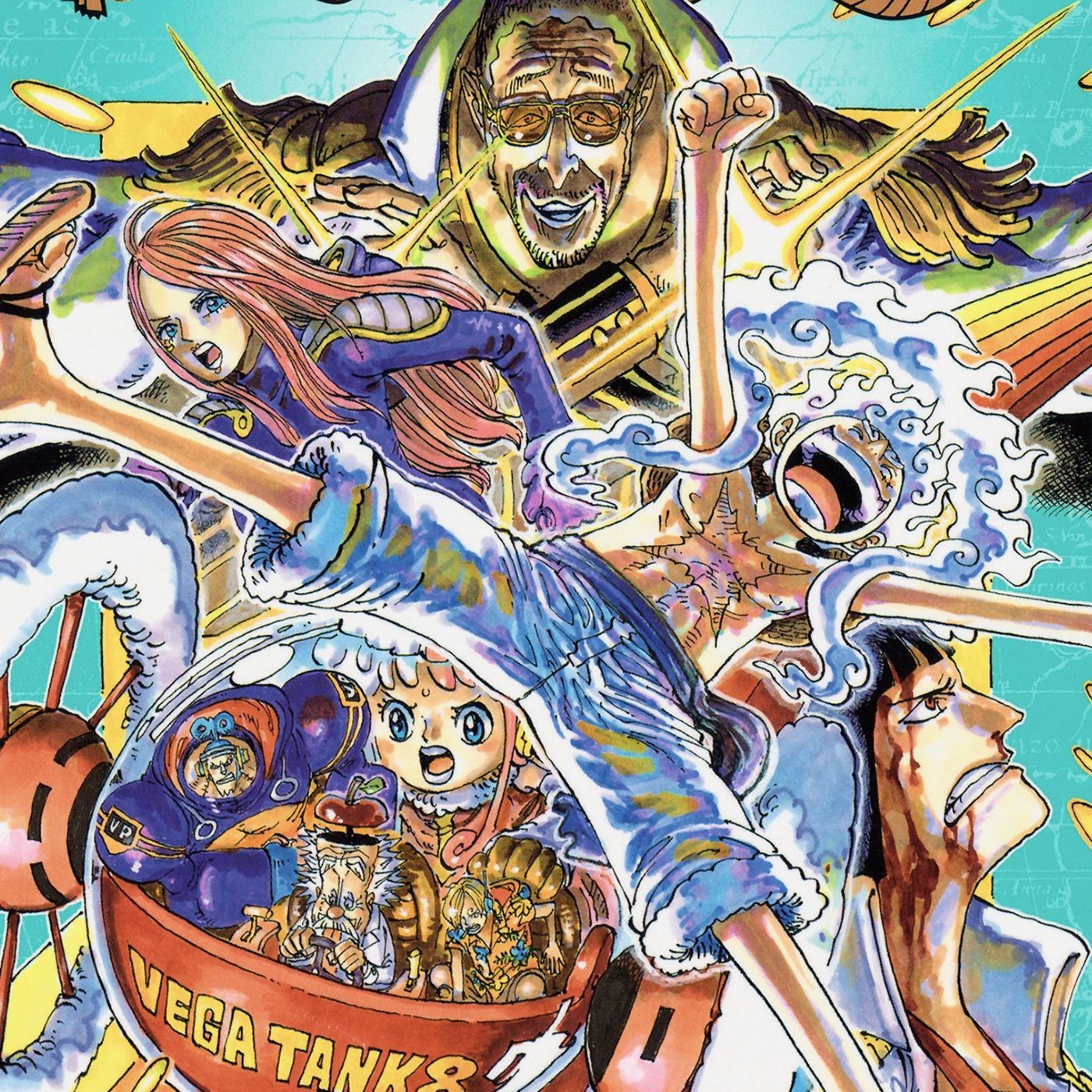 volume 108 de uma peça com Gear 5 Luffy, Bonney e Almirante Kizaru usando sua fruta do diabo leve atrás deles.