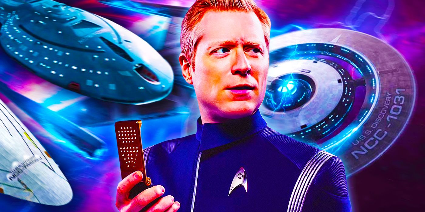 Anthony Rapp as Paul Stamets standing in front of the USS Voyager, Voyager-J and the USS Discovery