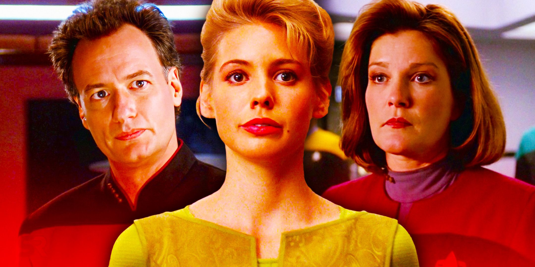 Collage of Q (John de Lancie), Captain Janeway (Kate Mulgrew), and Amanda Rogers (Olivia d'Abo) from Star Trek: Voyager and TNG with Amanda in the middle of the other two. 