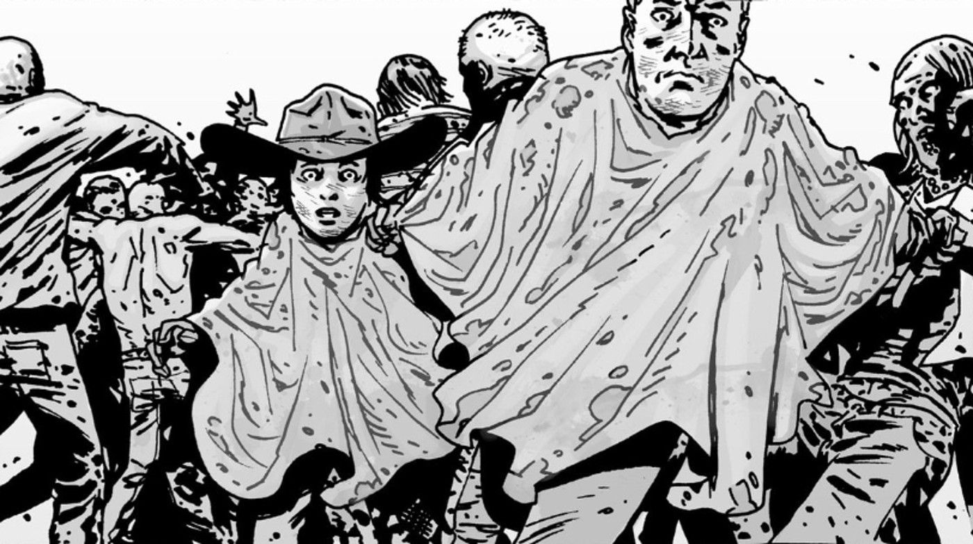 Walking Dead #83, Rick and Carl running away from a zombie horde