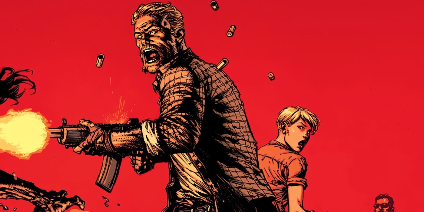 Abraham atirando em zumbis na série de quadrinhos The Walking Dead.