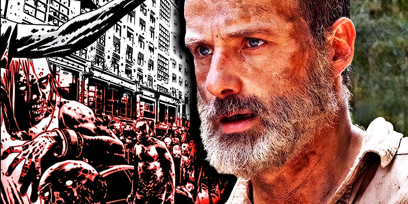 The Walking Dead's Rick Grimes looking at zombies from the comic series.