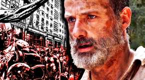 The Walking Dead's Rick Grimes looking at zombies from the comic series.
