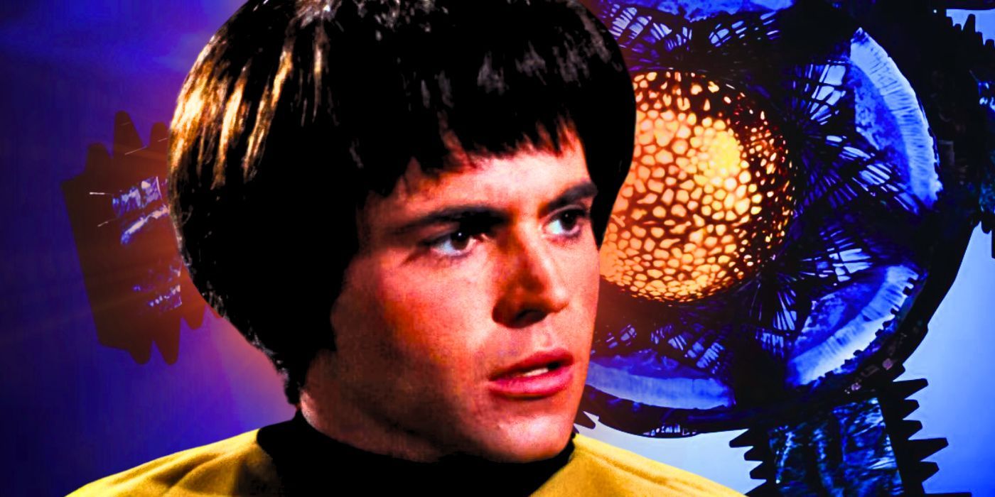 Star Trek's Pavel Chekov quizzical in front of V'Ger from Star Trek The Motion Picture