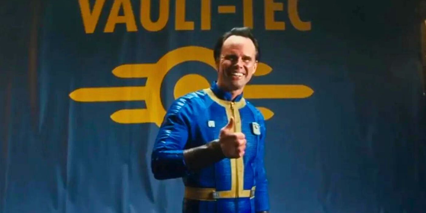 Walton Goggins as Cooper Howard gives a thumbs up as the Vault-Tec spokesperson in Fallout