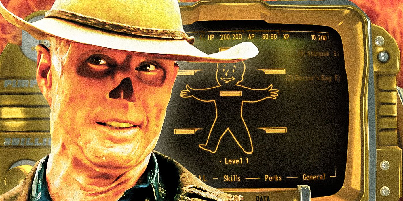 Uma imagem personalizada de Walton Goggins como o Ghoul de Fallout e um Pip Boy.