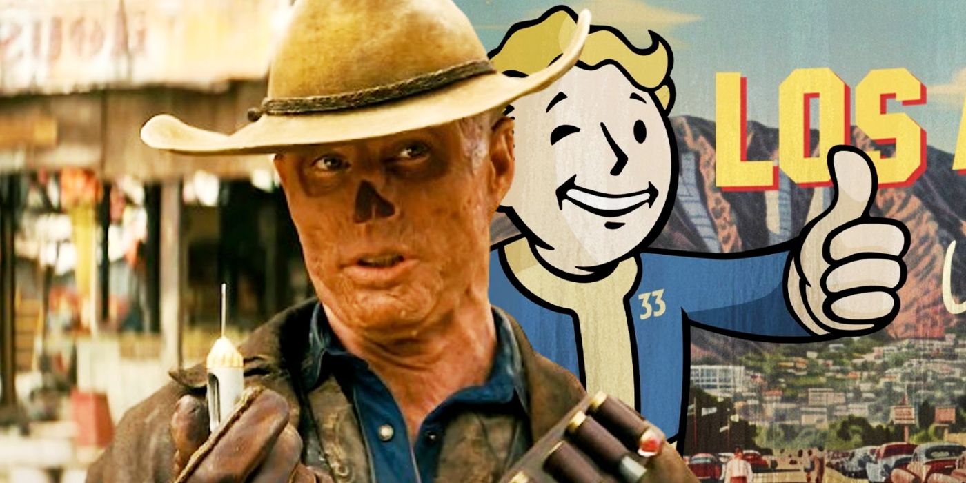 Walton Goggins as The Ghoul in Fallout juxtaposed with Vault Boy giving the thumbs up