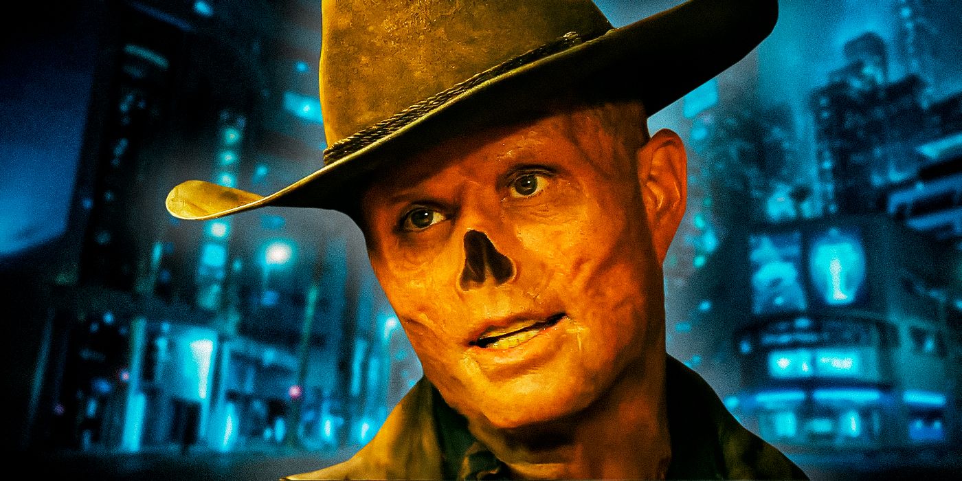 Walton Goggins as The Ghoul in Fallout with a city in the background
