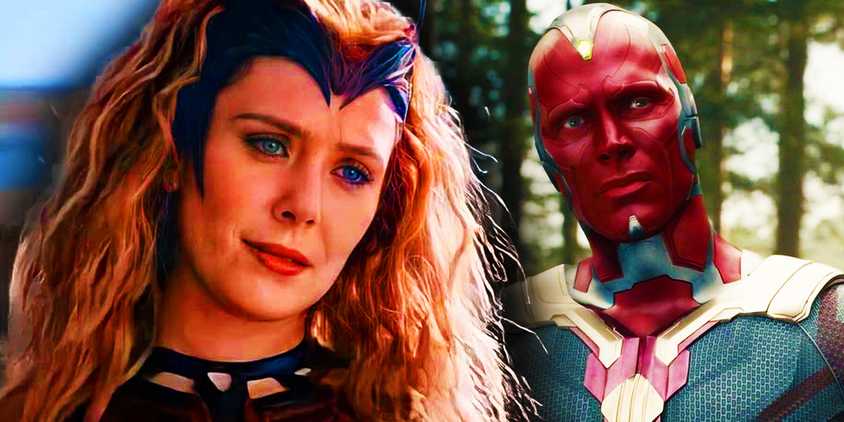 Wanda Maximoff's Scarlet Witch in her final costume in WandaVision and Vision speaking to Ultron in Avengers Age of Ultron