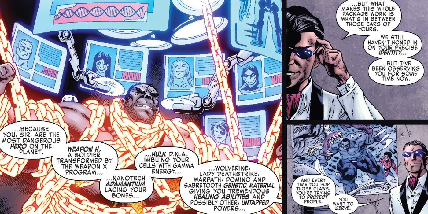 WEAPON h is captured and his genetic markers are listed, including hulk and wolverine