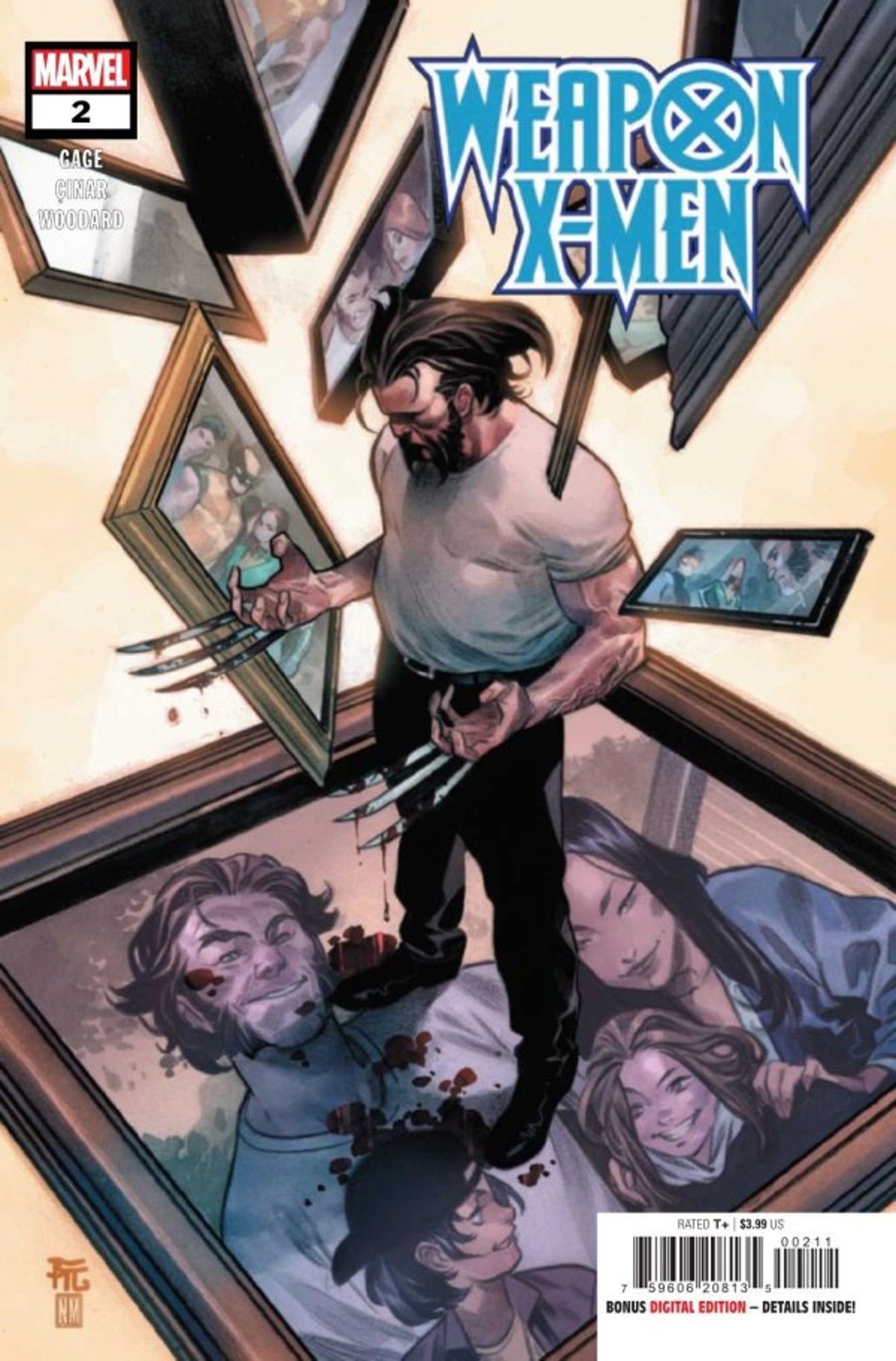 Capa de Weapon X-Men #2 – uma variante do Wolverine olhando tristemente para fotos de família.