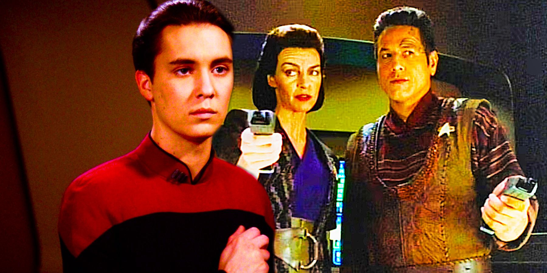 Wesley Crusher removes his Starfleet badge, while Maquis members Seska and Chakotay point phasers