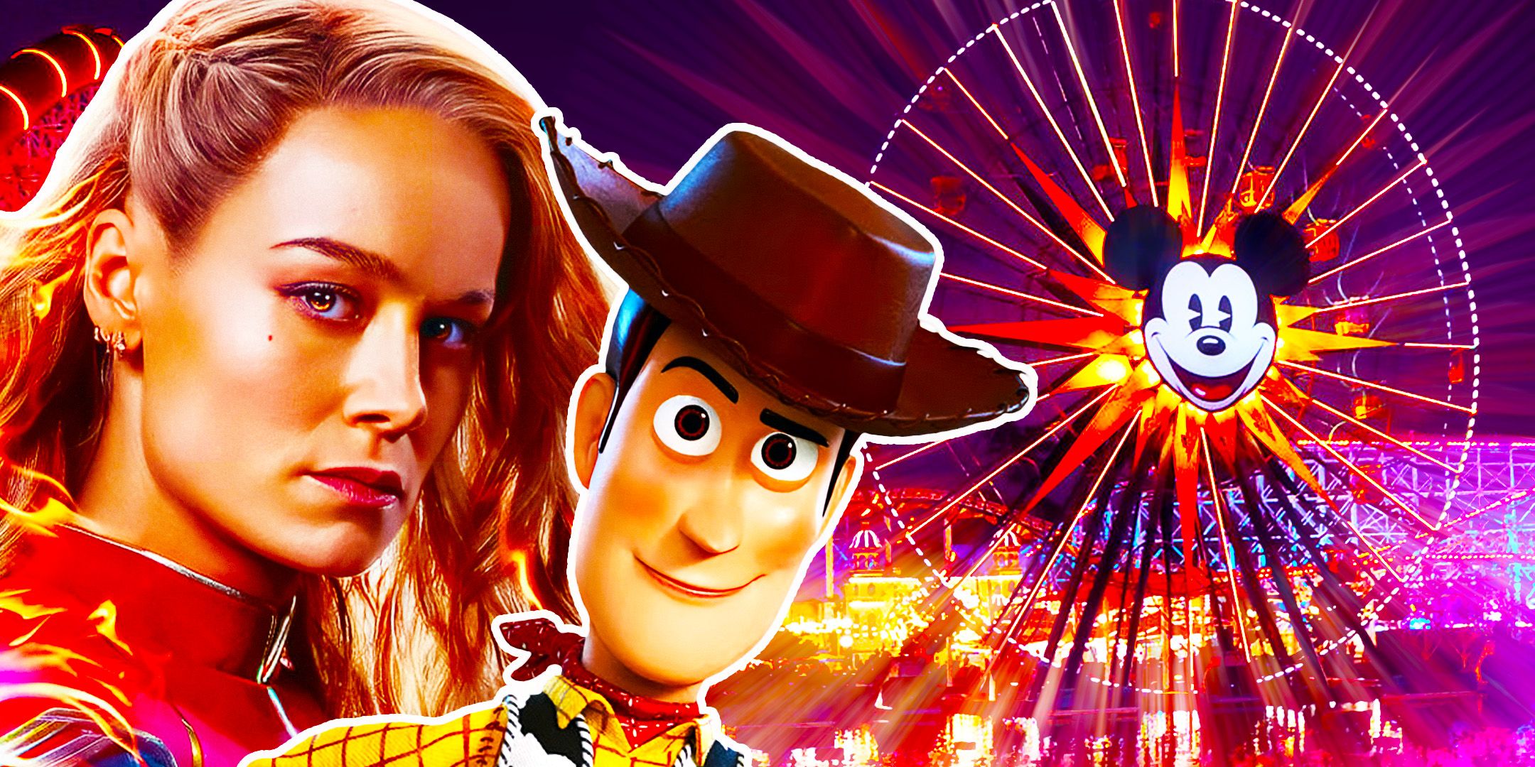 Captain Marvel and Woody from Toy Story in front of Disneyland's ferris wheel
