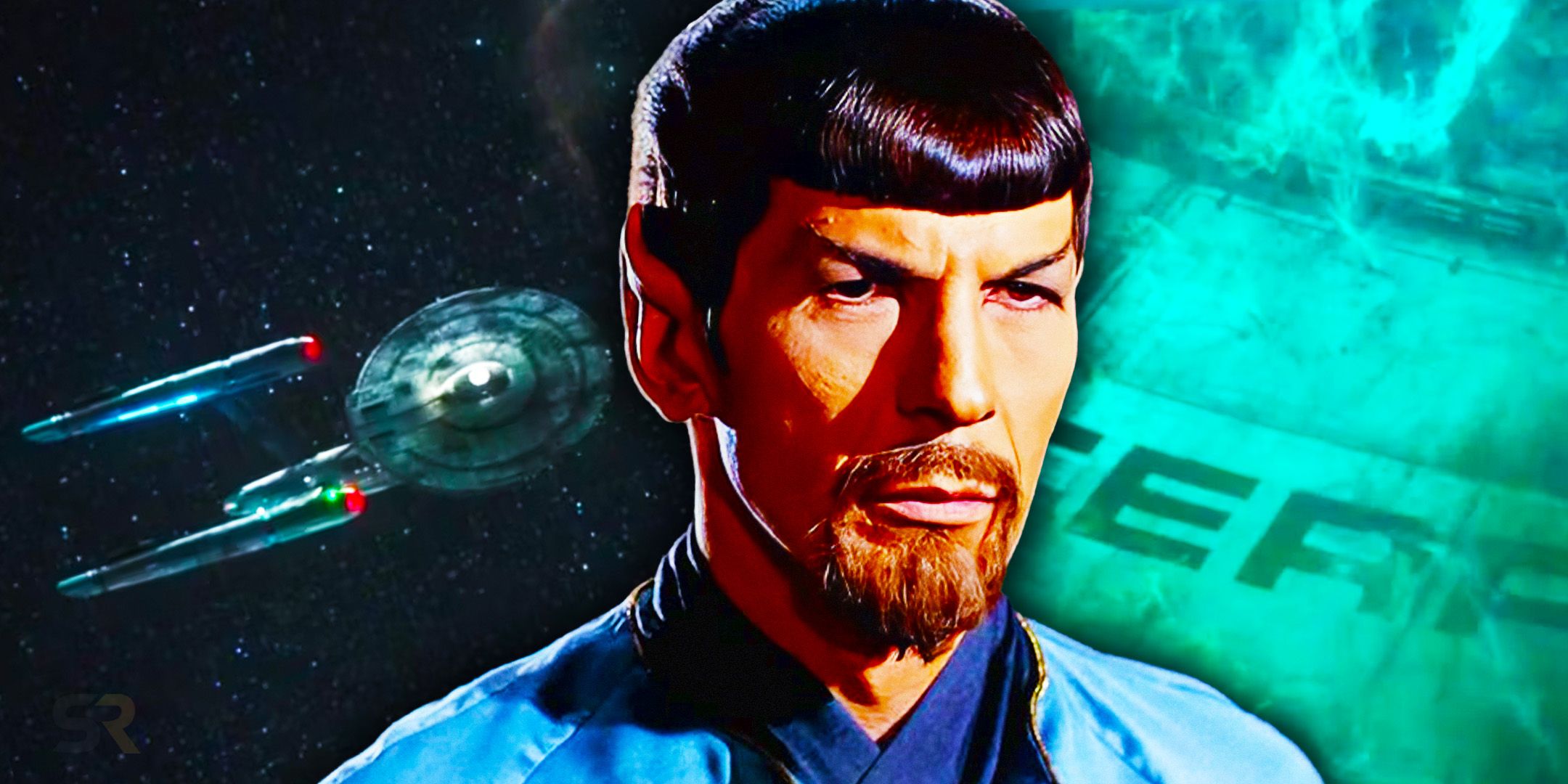 Leonard Nimoy with goatee as Mirror Universe Spock with the ISS Enterprise behind him.