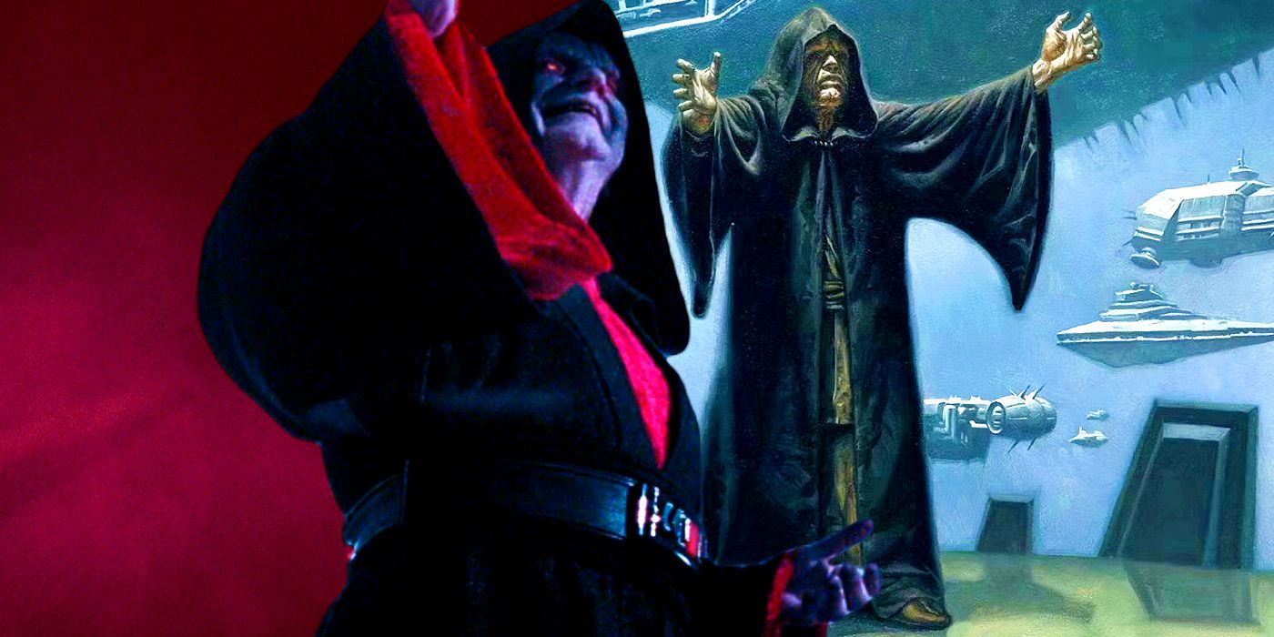 Left side: Ian McDiarmid as Emperor Palpatine in Star Wars: The Rise of Skywalker, raising his arms in front of a red background; Right side: An illustration of Emperor Palpatine on the cover of Star Wars: Dark Empire, raising his arms with a fleet of Imperial Star Destroyers in the background.