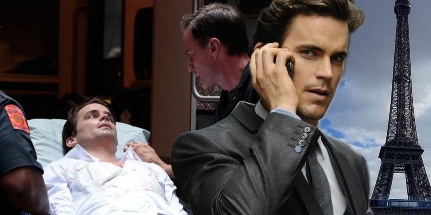 A collage of Neal on his death bed and him on the phone in White Collar