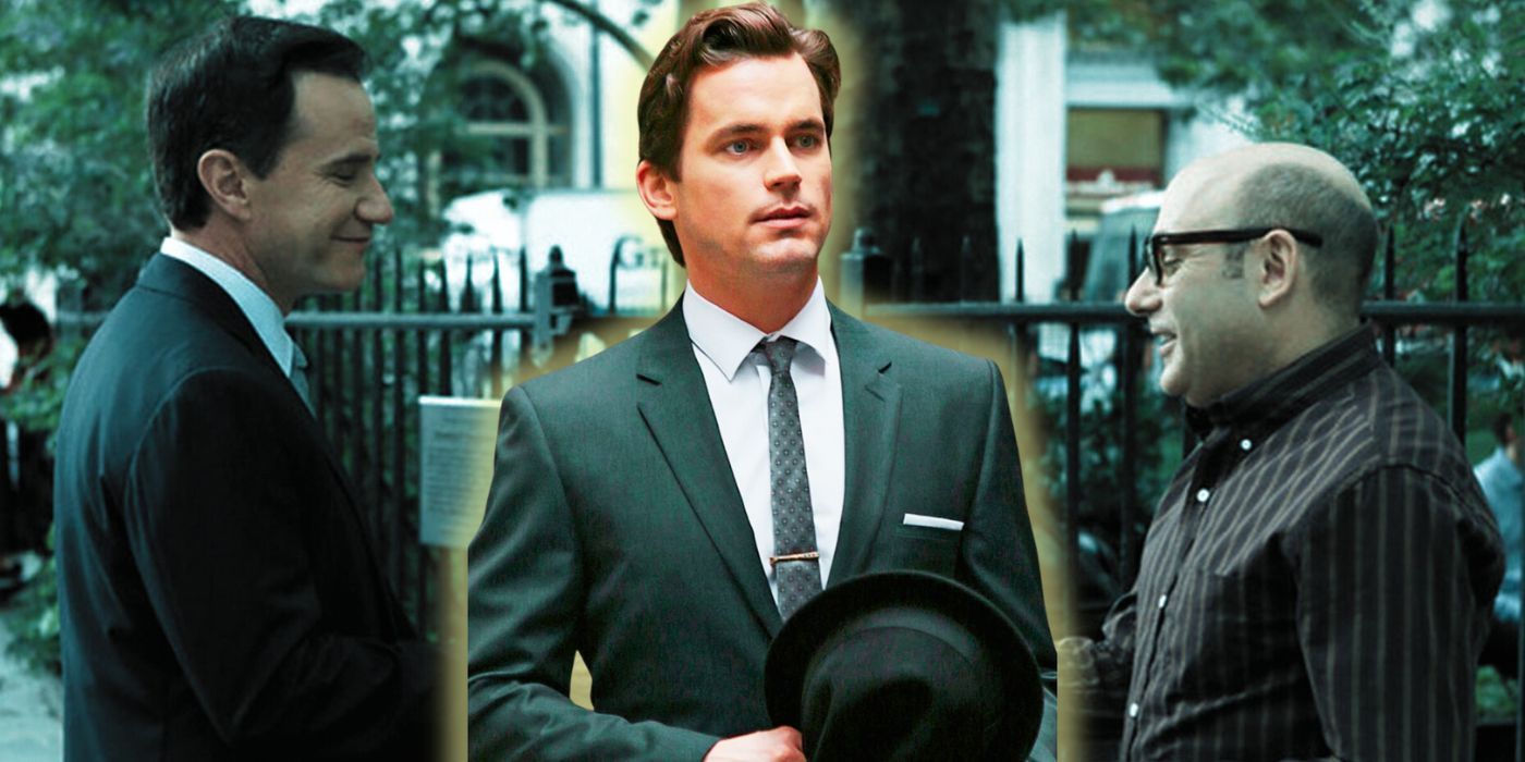 A composite image features Matt Bomer as Neal Caffrey over Tom DeKay as Peter Burke and Willie Garcon as Mozzie in the White Collar finale