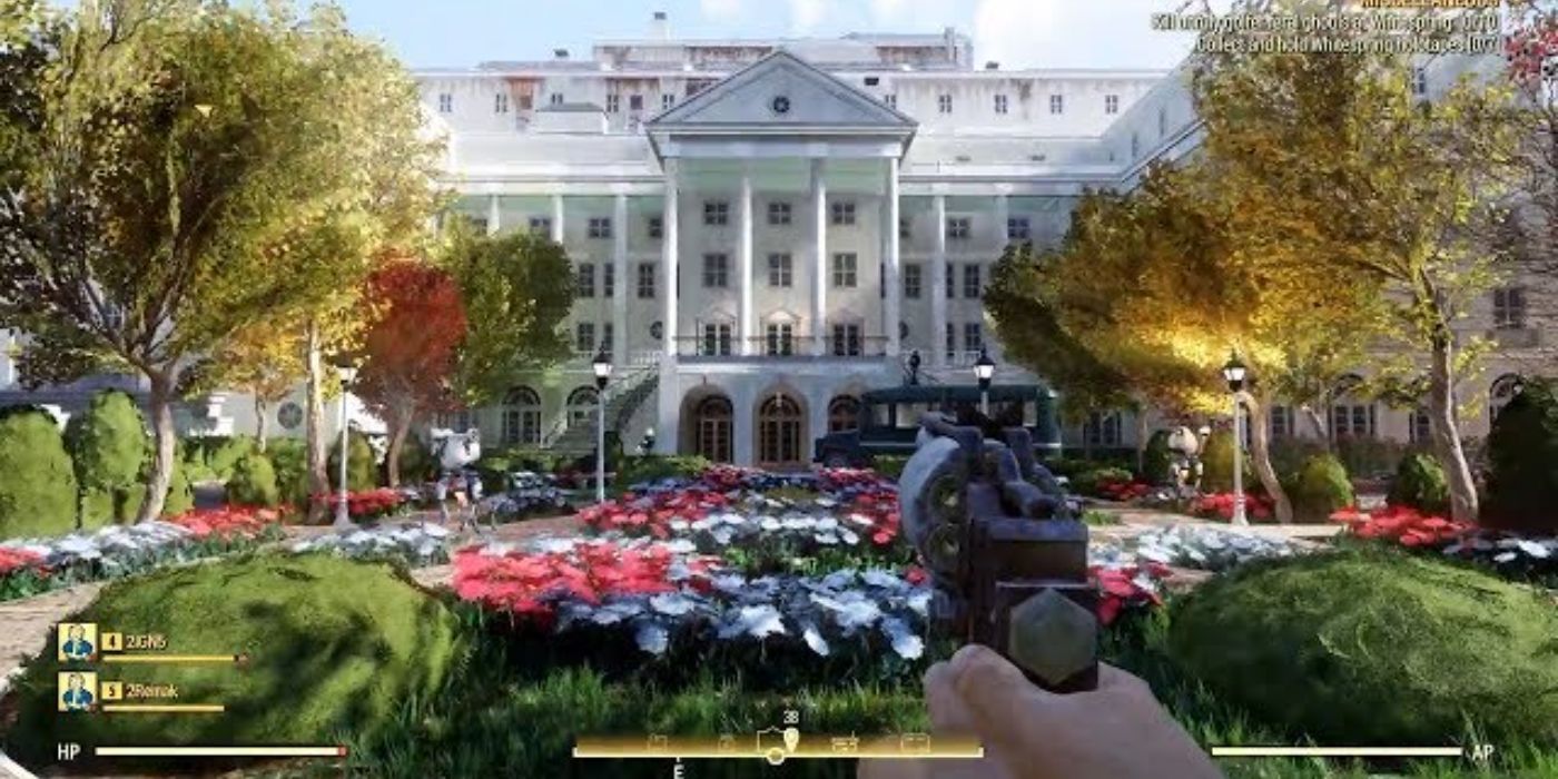 Jogador entrando no Whitespring Resort em Fallout 76.