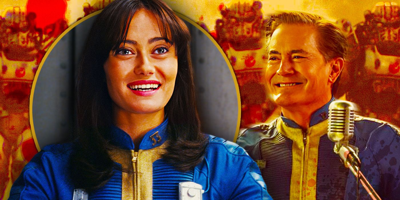SR Exclusive image of Ella Purnell and Kyle MacLachlan wearing blue and yellow suits in Fallout