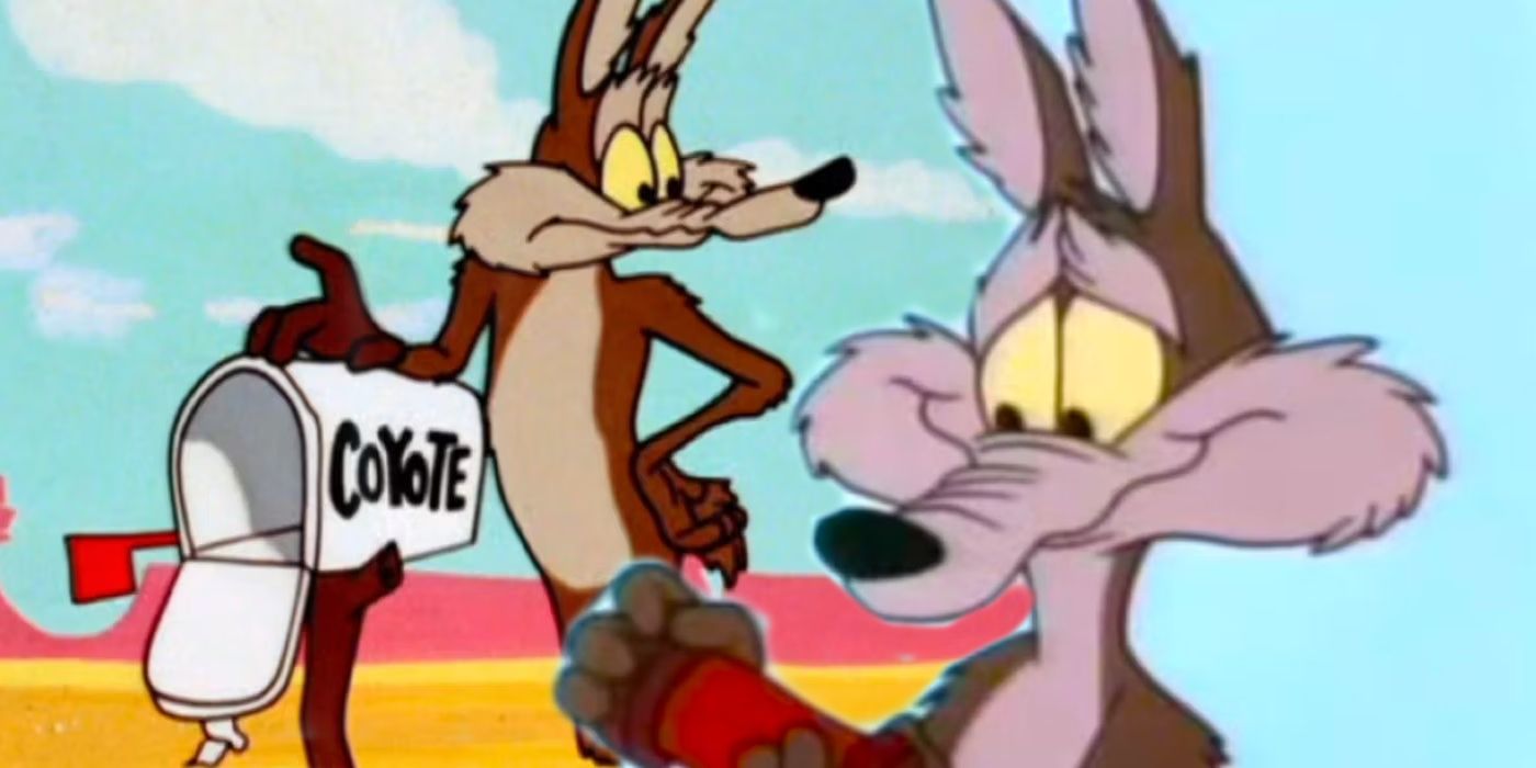Wile E Coyote leaning against a mailbox next to Wile E Coyote holding an explosive in a Road Runner cartoon