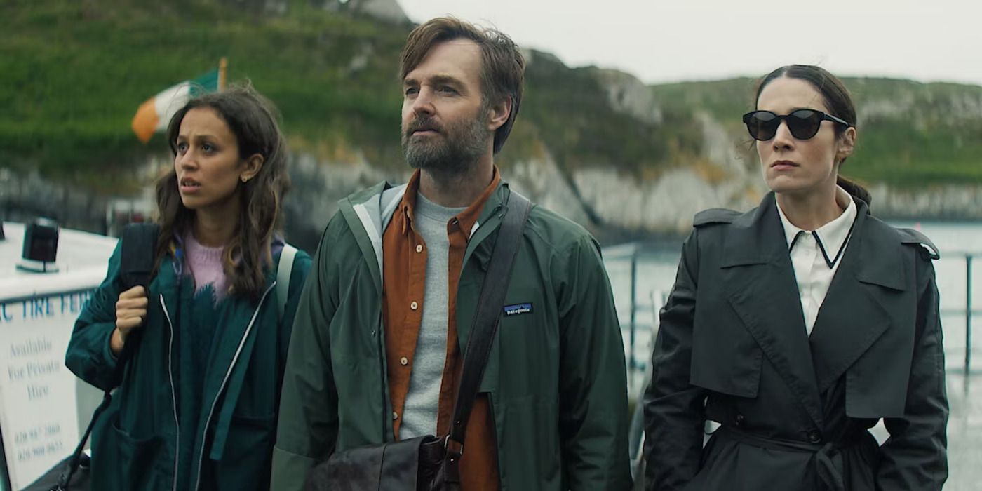 Will Forte with two men looking concerned while standing on the coast in Bodkin (2024)