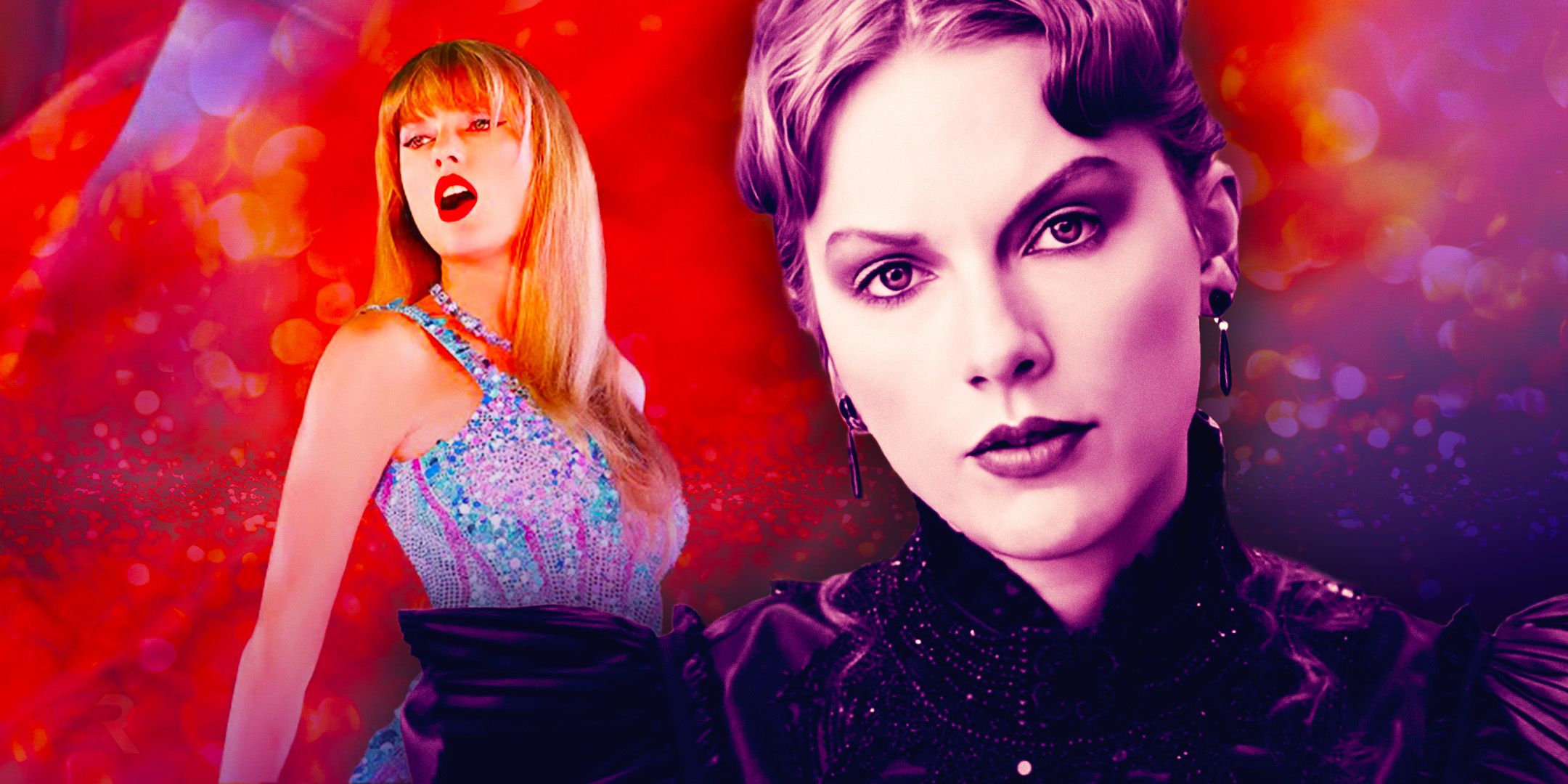 Taylor Swift on the Taylor Swift: The Eras Tour poster and an image of her from The Tortured Poets Department.