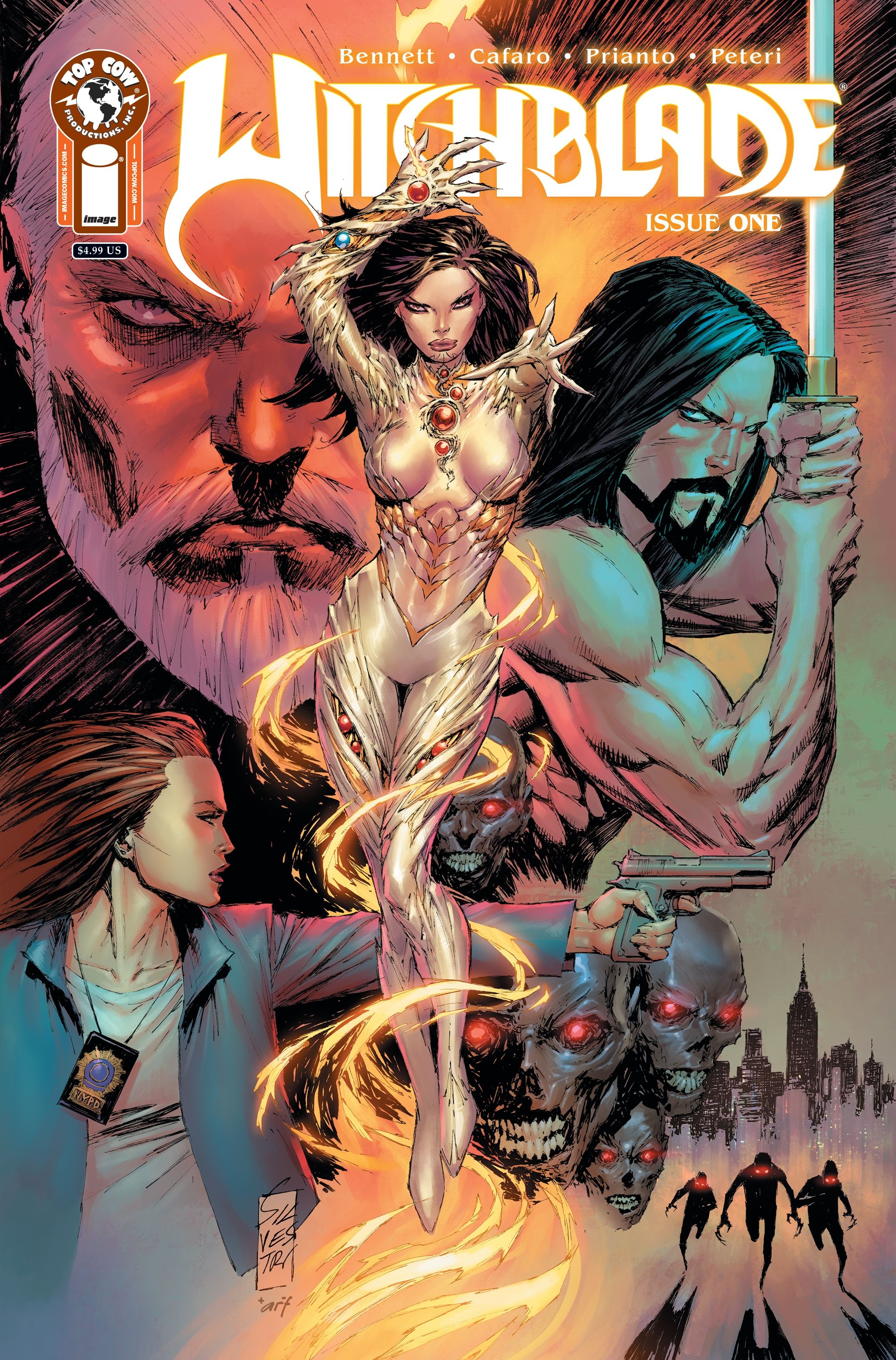 Witchblade 1 Main Cover: Witchblade sci-fi characters in a movie poster-style posed cover.