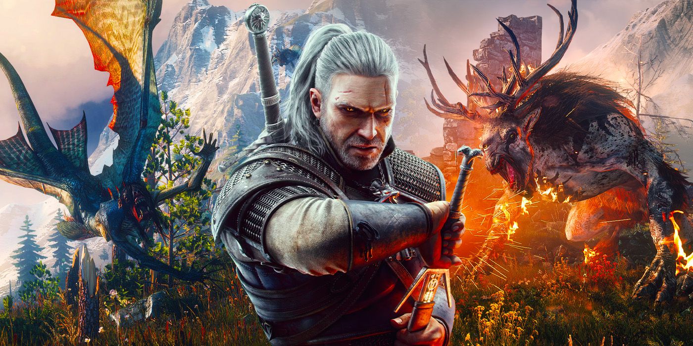 A render of Geralt of Rivia pulls out his silver sword while two renders of monsters rear for the attack on either side of him.