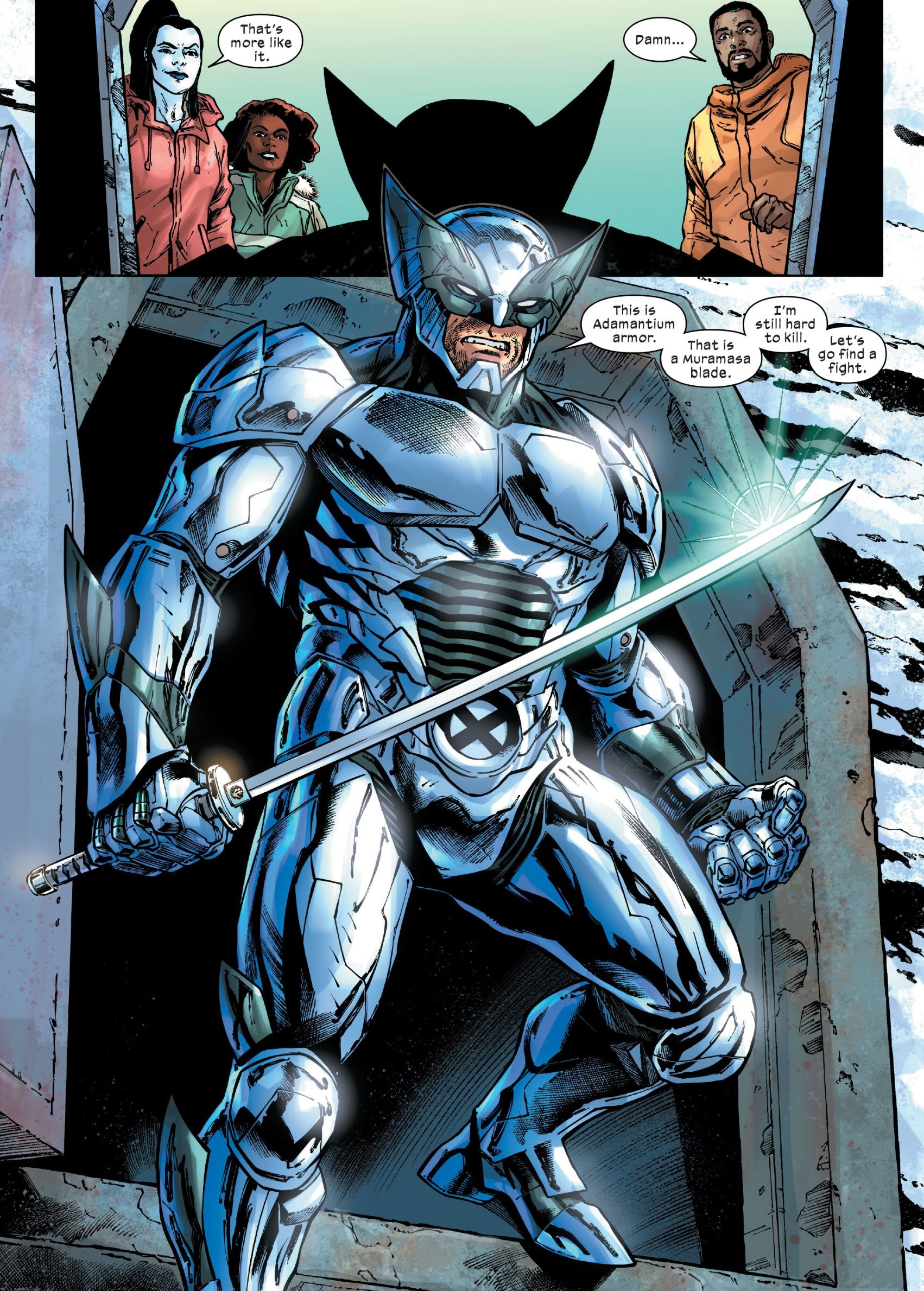 Wolverine sai de um bunker vestido da cabeça aos pés com uma armadura brilhante e segurando uma katana.