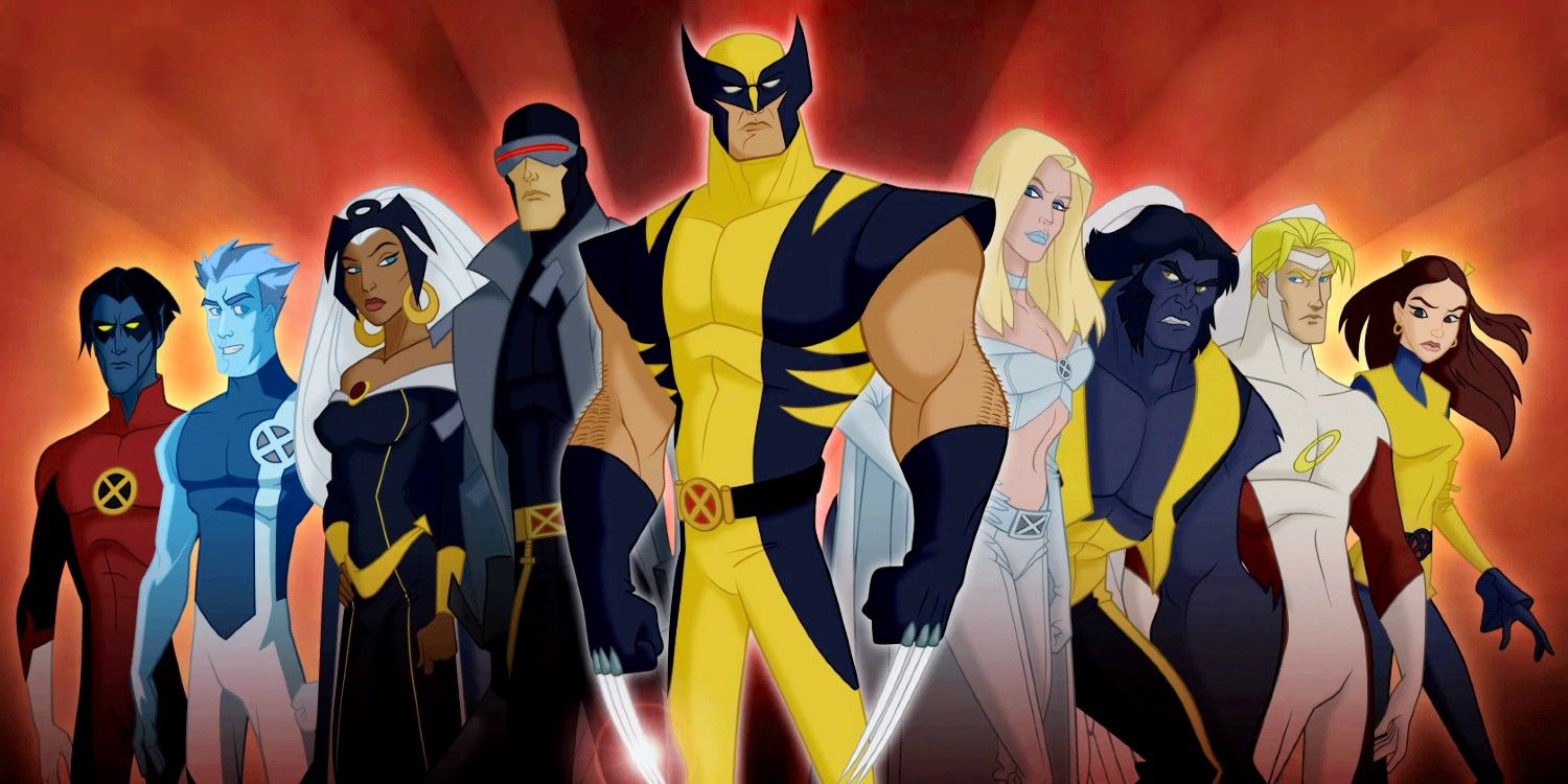 wolverine and the x-men logo with nightcrawler, iceman, storm, cyclops, wolverine, emma frost, beast, angel and kitty pryde