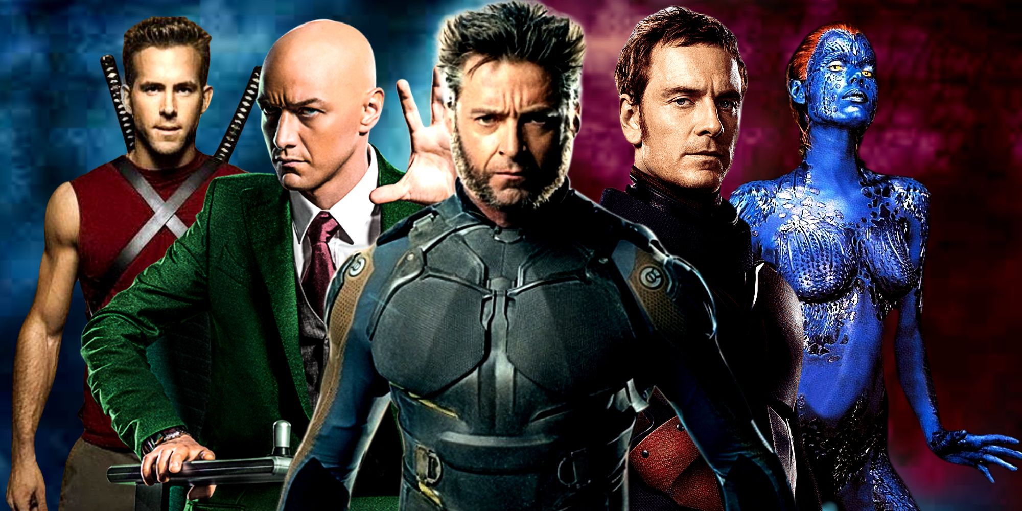 Wolverine Stands in front of Professor X, Magneto, Mystique, and Wade Wilson in the X-Men Movies