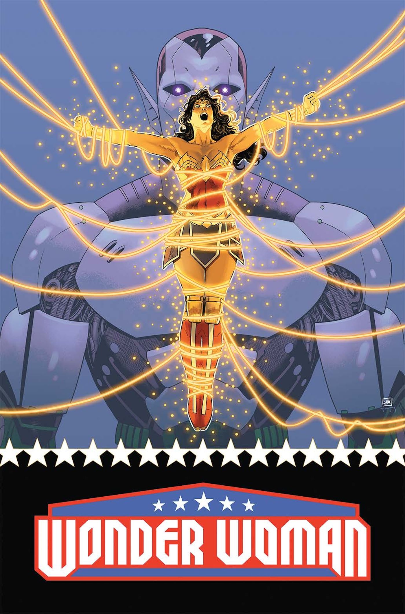 Capa principal da Mulher Maravilha 11: Mulher Maravilha amarrada em cordas brilhantes com Amazo atrás dela.