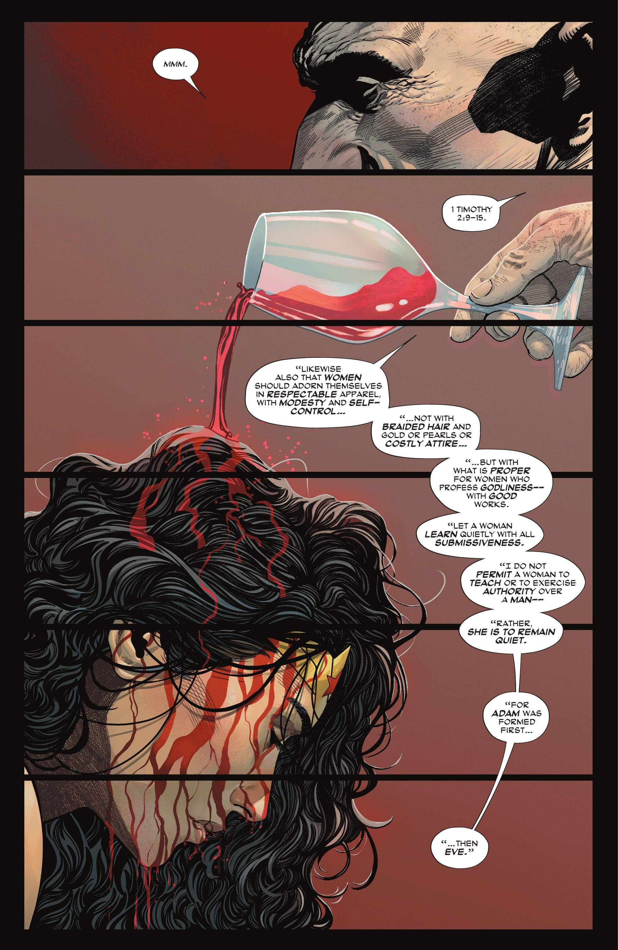 Wonder Woman #8 the Sovereign pouring Wine over Diana's head disrespect