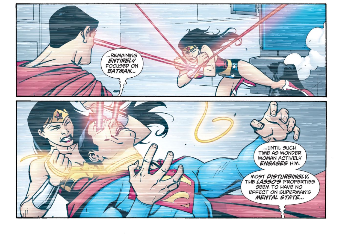 Aventuras de Superman #642, Wonder Woman viene al rescate de Batman en un momento crucial cuando Superman lo ataca