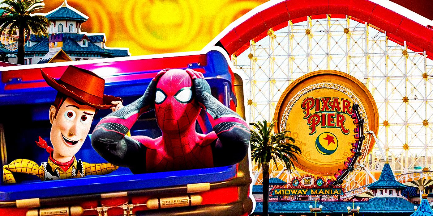 Woody from Toy Story and Spider-Man on a rollercoaster and an image of Pixar Pier