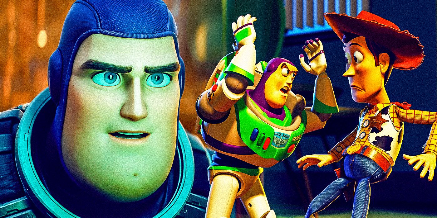 A custom image of Buzz from 2022's Lightyear movie and Buzz & Woody arguing in Toy Story 2