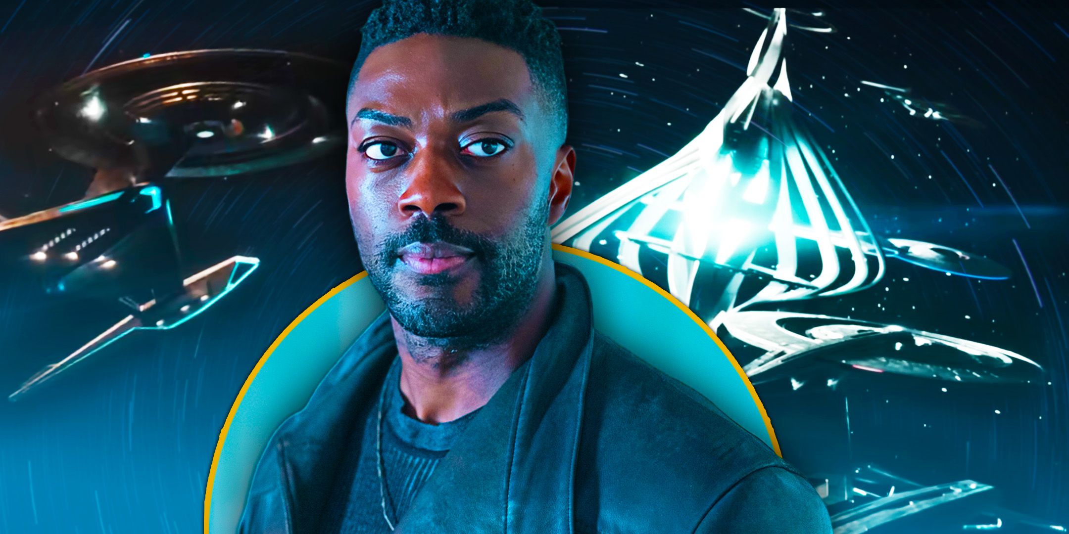 Cleveland Booker in front of Star Trek&rsquo;s USS Discovery and Federation Headquarters