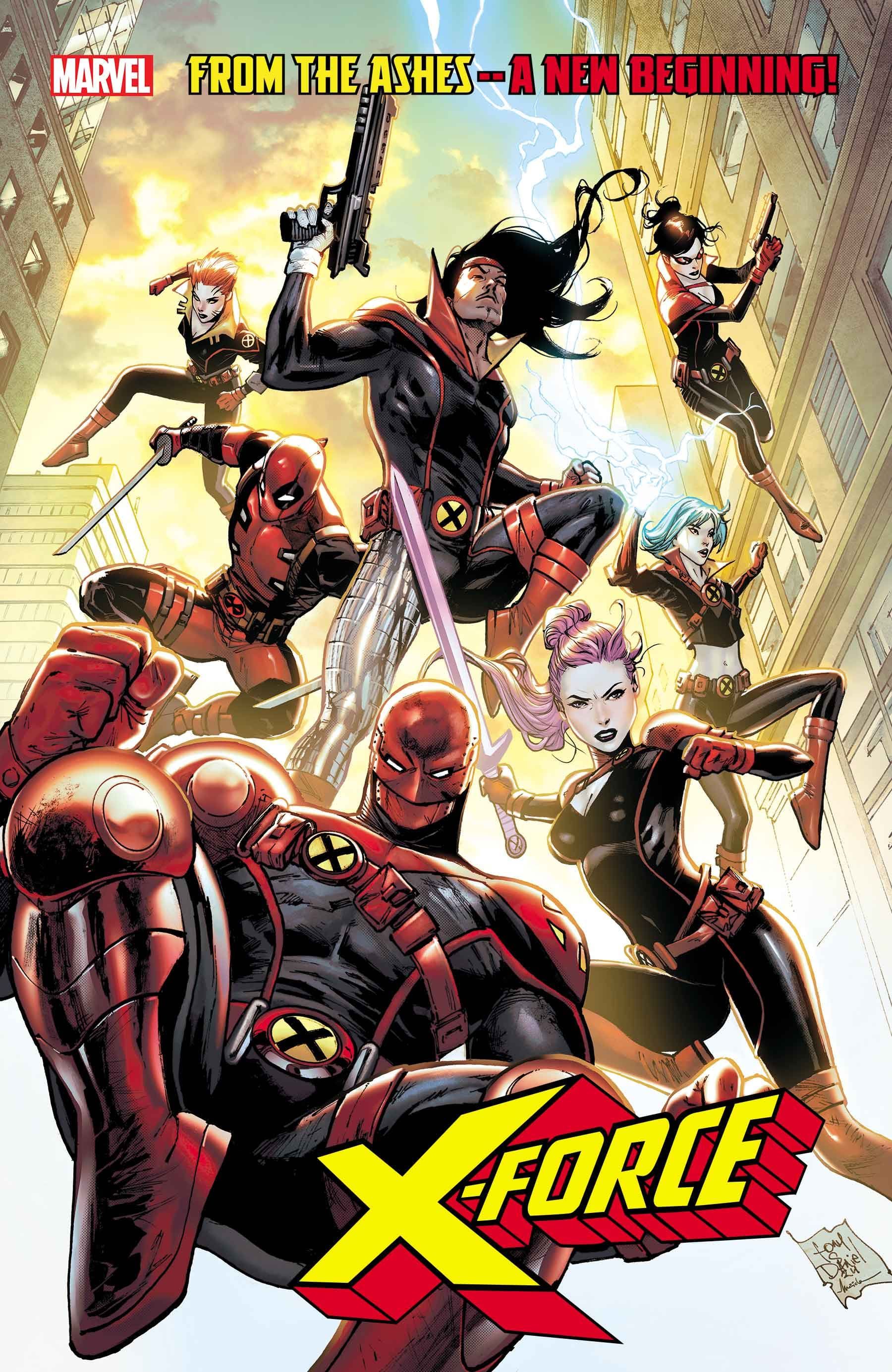 Capa #1 de Tony Daniel X-Force retratando Tank, Betsy Braddock, Forge, Surge, Sage, Rachel Summers e Deadpool em uniformes pretos e vermelhos da X-Force. 