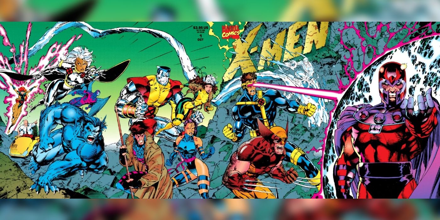The full connected cover image of X-Men #1 that shows the X-Men fighting Magneto