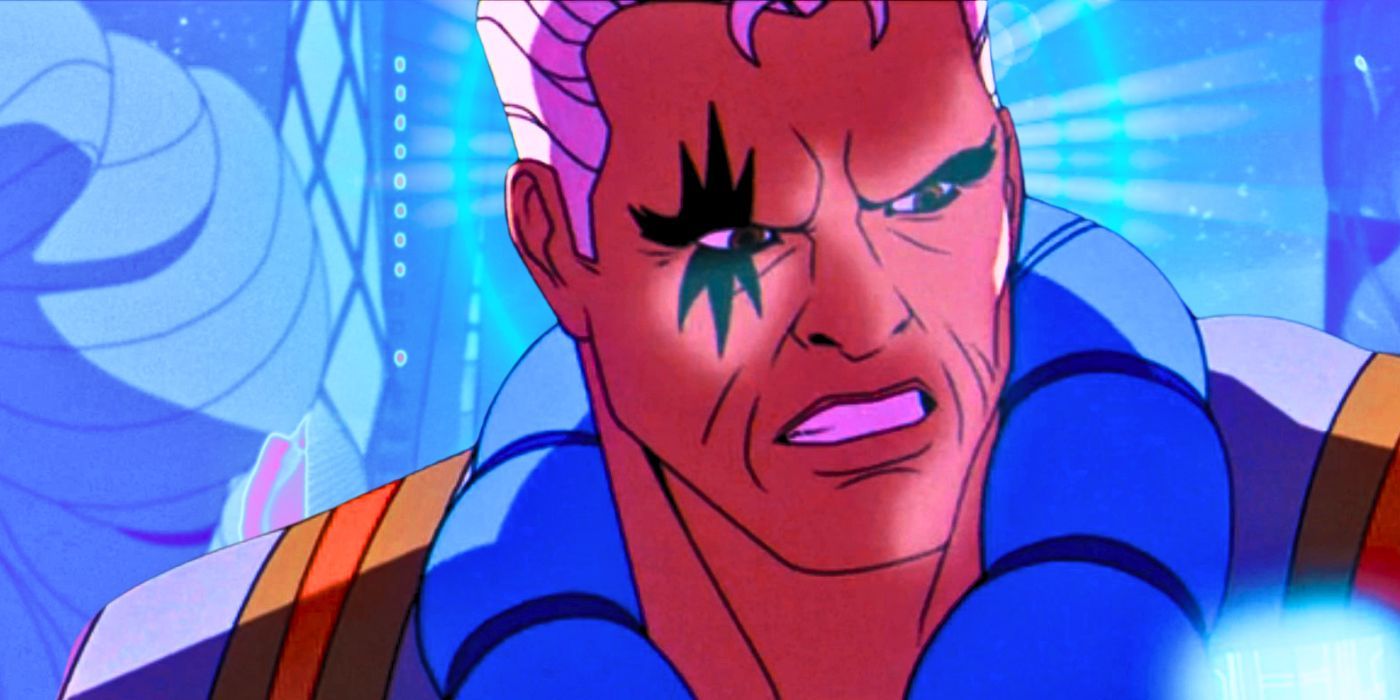 Imagem personalizada de Cable de X-Men '97 rosnando em um fundo azul 