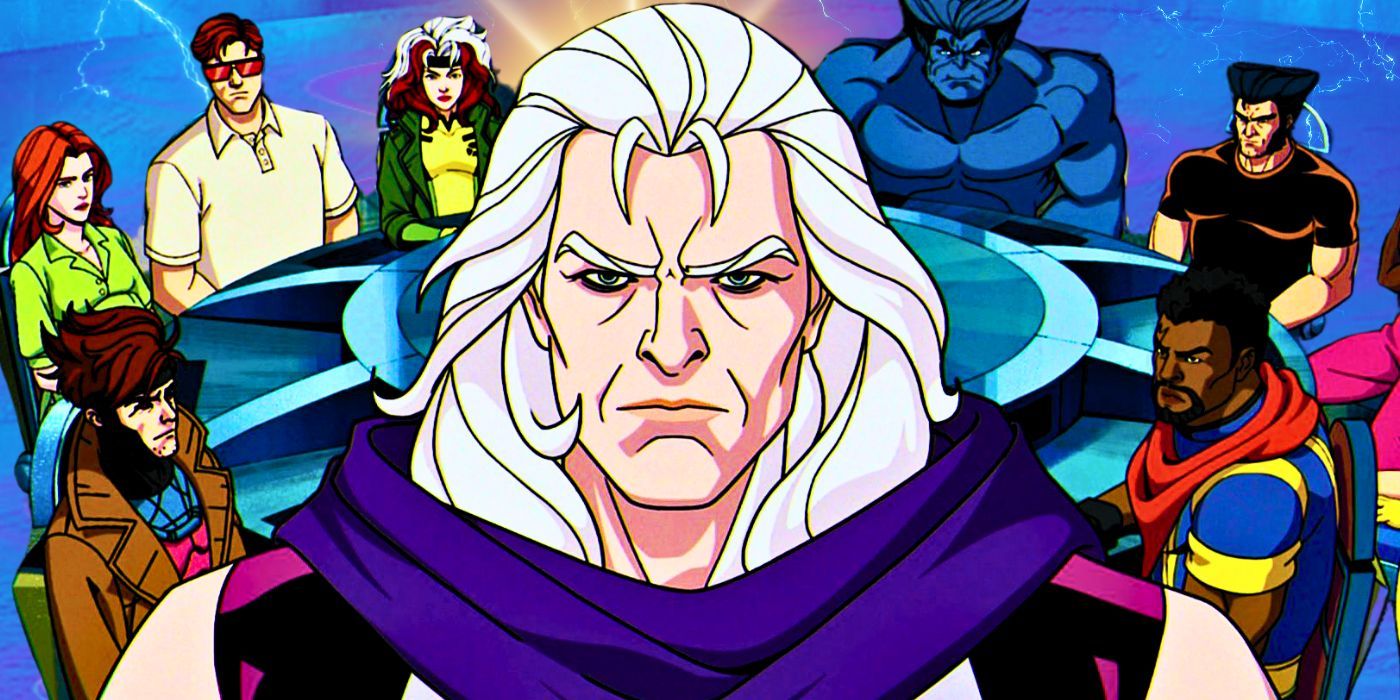 Magneto looking angry in X-Men '97 surrounded by the X-Men team sitting at a table