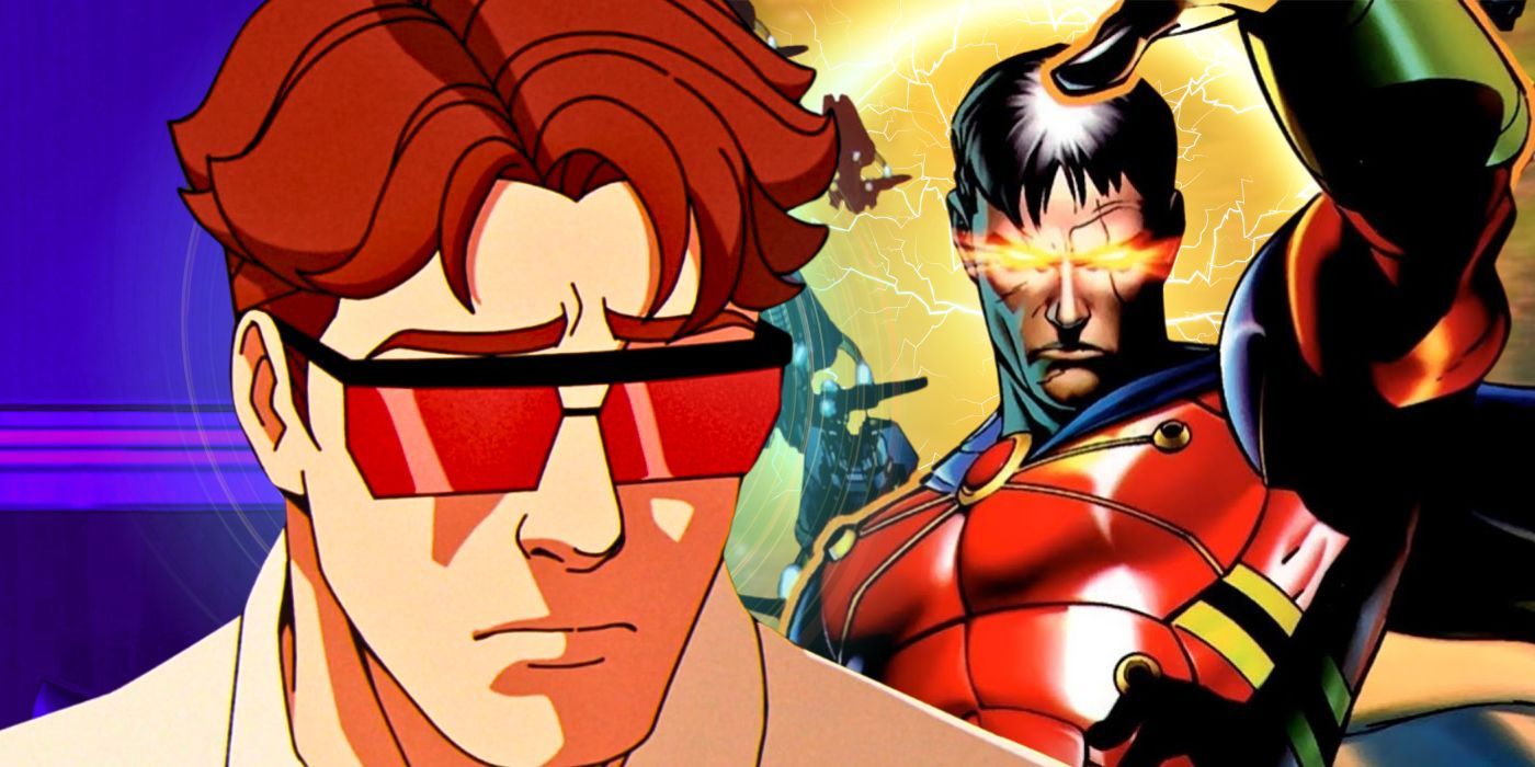Custom image of Cyclops looking concerned in X-Men '97 and Vulcan holding out an arm in Marvel Comics