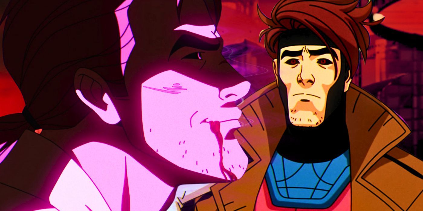 Two still images of Gambit as he is seen in X-Men '97