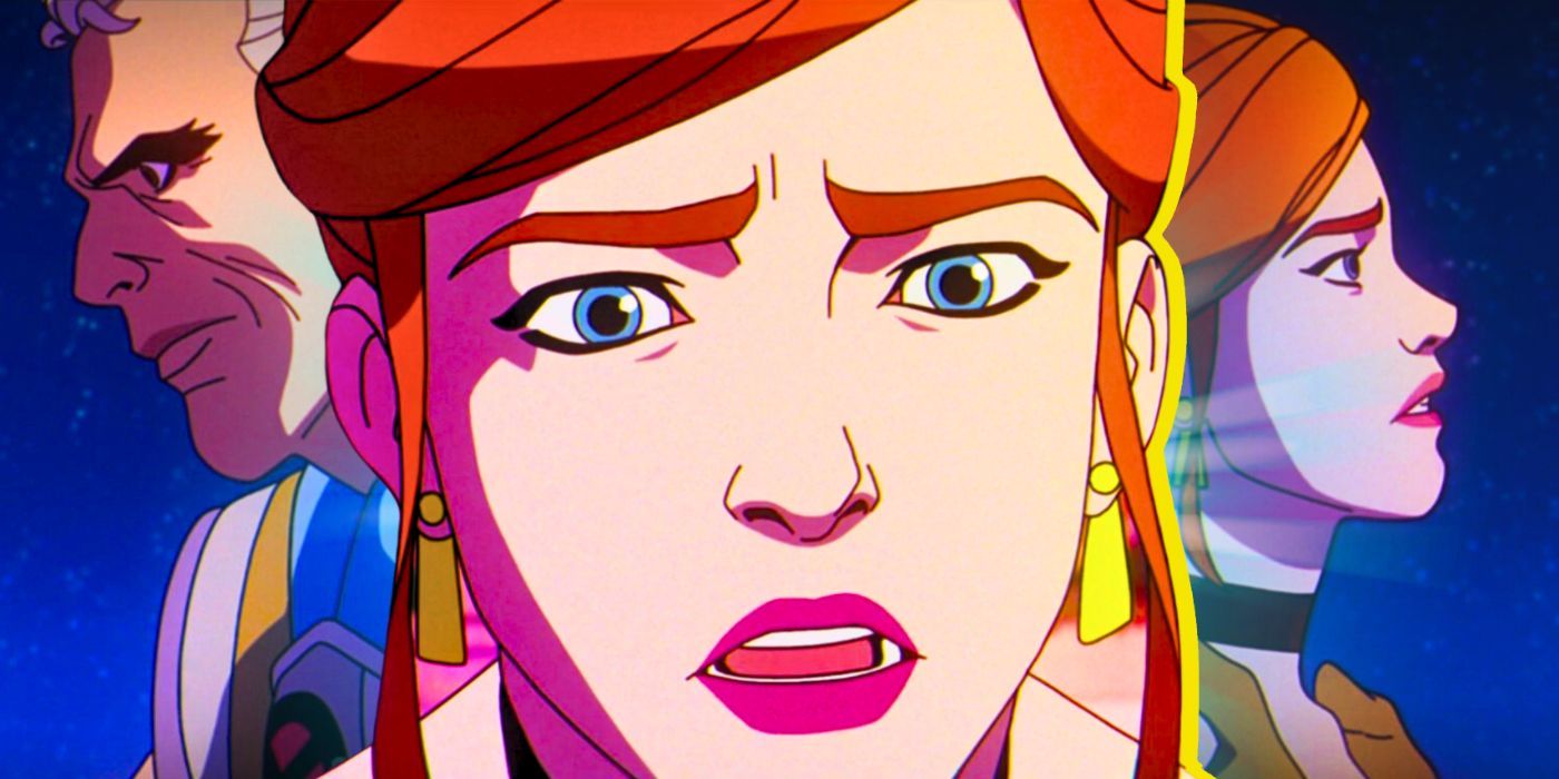 Madelyne Pryor looking shocked in X-Men '97 between images of her and Cable