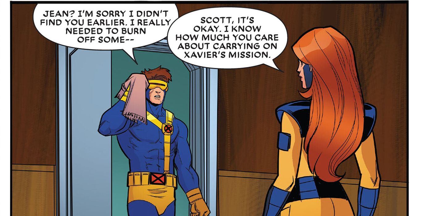X-men '97 #1 page 29 - Cyclops apologizes to Jean Grey for avoiding her, Jean knows Scott feels pressure carrying out Xavier's mission