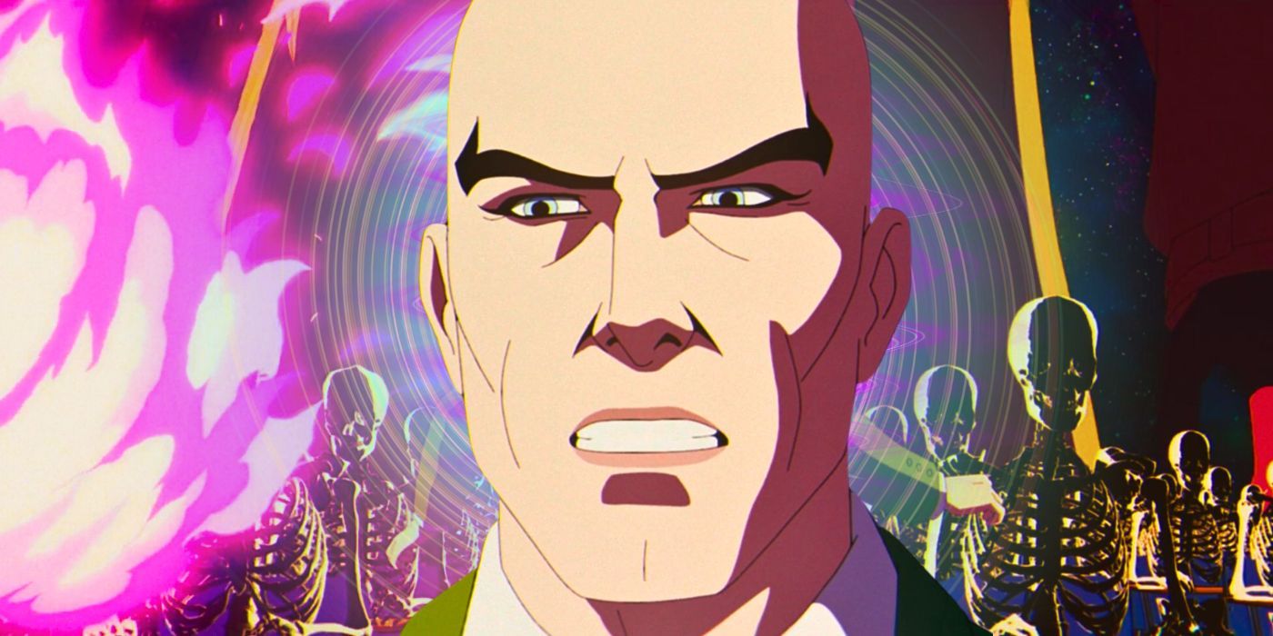 Professor X parecendo tenso e cerrando os dentes com um exército de esqueletos atrás dele em X-Men '97